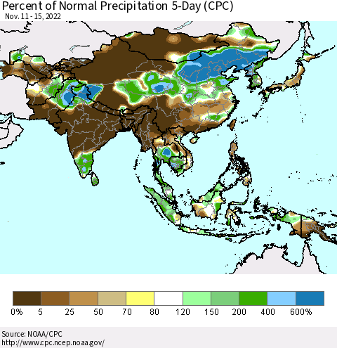 Asia Percent of Normal Precipitation 5-Day (CPC) Thematic Map For 11/11/2022 - 11/15/2022