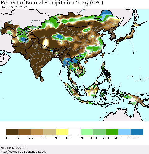 Asia Percent of Normal Precipitation 5-Day (CPC) Thematic Map For 11/16/2022 - 11/20/2022