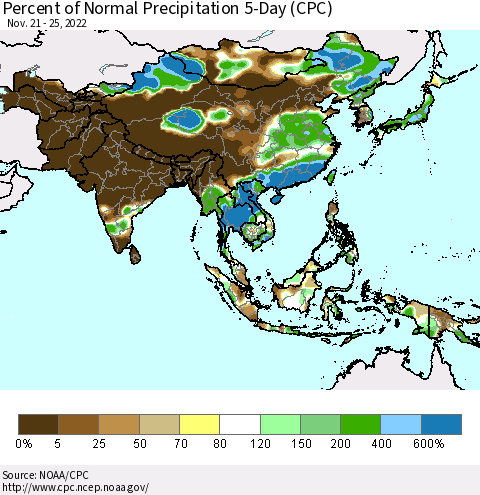 Asia Percent of Normal Precipitation 5-Day (CPC) Thematic Map For 11/21/2022 - 11/25/2022