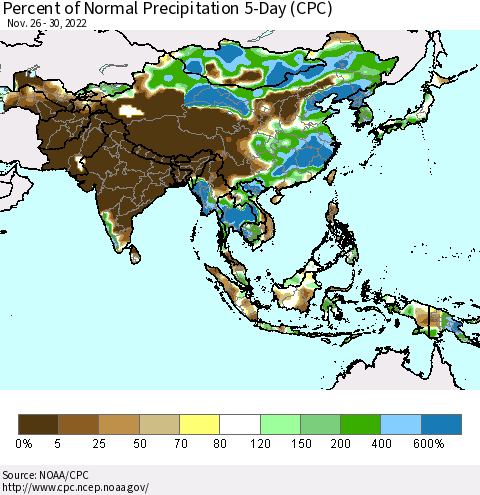 Asia Percent of Normal Precipitation 5-Day (CPC) Thematic Map For 11/26/2022 - 11/30/2022