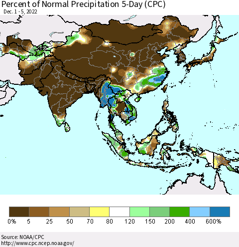 Asia Percent of Normal Precipitation 5-Day (CPC) Thematic Map For 12/1/2022 - 12/5/2022