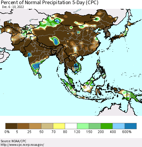 Asia Percent of Normal Precipitation 5-Day (CPC) Thematic Map For 12/6/2022 - 12/10/2022