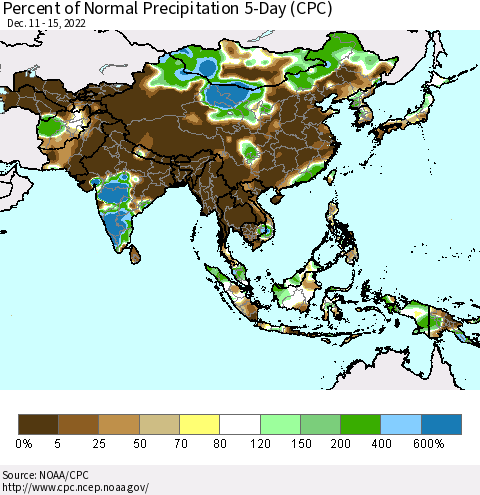 Asia Percent of Normal Precipitation 5-Day (CPC) Thematic Map For 12/11/2022 - 12/15/2022