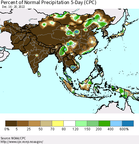 Asia Percent of Normal Precipitation 5-Day (CPC) Thematic Map For 12/16/2022 - 12/20/2022