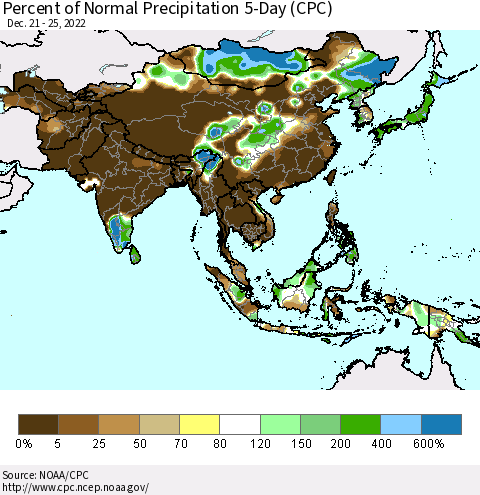 Asia Percent of Normal Precipitation 5-Day (CPC) Thematic Map For 12/21/2022 - 12/25/2022