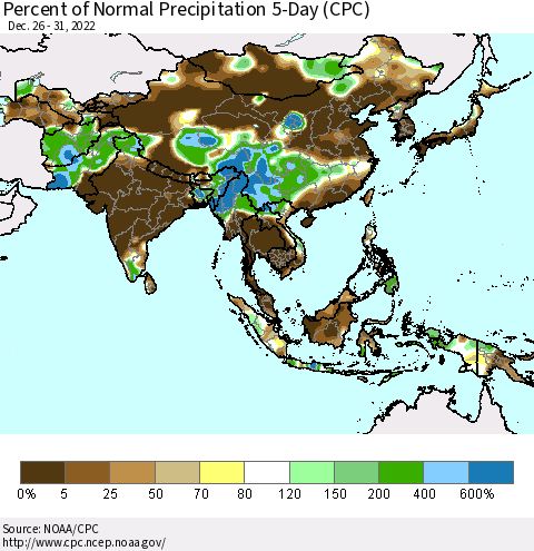 Asia Percent of Normal Precipitation 5-Day (CPC) Thematic Map For 12/26/2022 - 12/31/2022