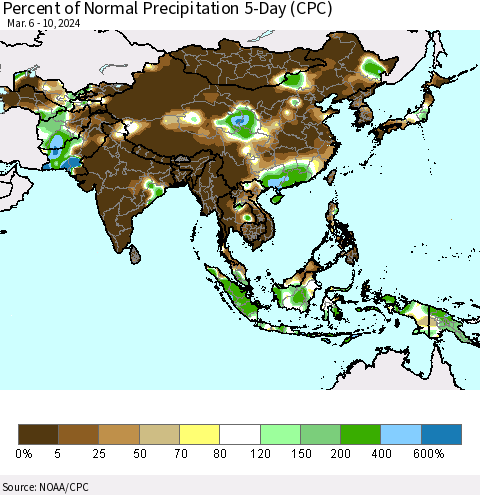 Asia Percent of Normal Precipitation 5-Day (CPC) Thematic Map For 3/6/2024 - 3/10/2024