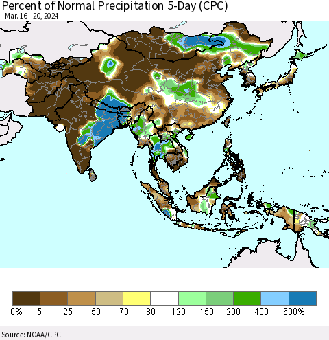 Asia Percent of Normal Precipitation 5-Day (CPC) Thematic Map For 3/16/2024 - 3/20/2024
