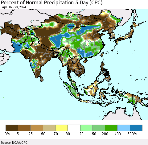 Asia Percent of Normal Precipitation 5-Day (CPC) Thematic Map For 4/16/2024 - 4/20/2024