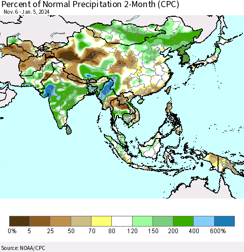 Asia Percent of Normal Precipitation 2-Month (CPC) Thematic Map For 11/6/2023 - 1/5/2024