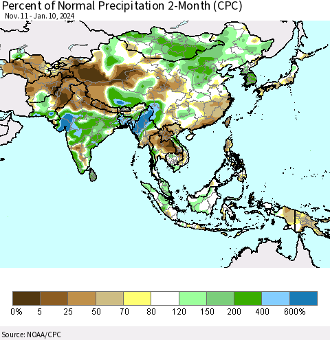 Asia Percent of Normal Precipitation 2-Month (CPC) Thematic Map For 11/11/2023 - 1/10/2024
