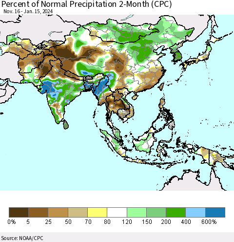 Asia Percent of Normal Precipitation 2-Month (CPC) Thematic Map For 11/16/2023 - 1/15/2024