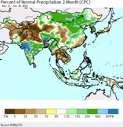 Asia Percent of Normal Precipitation 2-Month (CPC) Thematic Map For 11/21/2023 - 1/20/2024