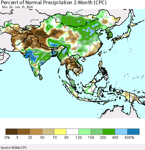 Asia Percent of Normal Precipitation 2-Month (CPC) Thematic Map For 11/26/2023 - 1/25/2024