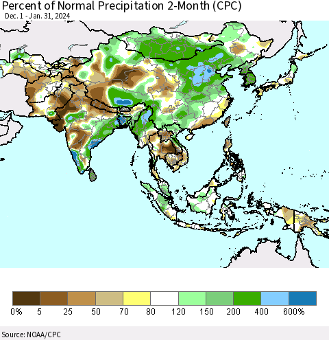 Asia Percent of Normal Precipitation 2-Month (CPC) Thematic Map For 12/1/2023 - 1/31/2024