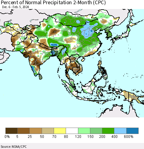 Asia Percent of Normal Precipitation 2-Month (CPC) Thematic Map For 12/6/2023 - 2/5/2024