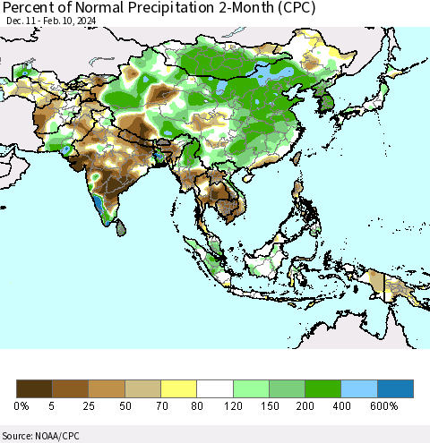 Asia Percent of Normal Precipitation 2-Month (CPC) Thematic Map For 12/11/2023 - 2/10/2024