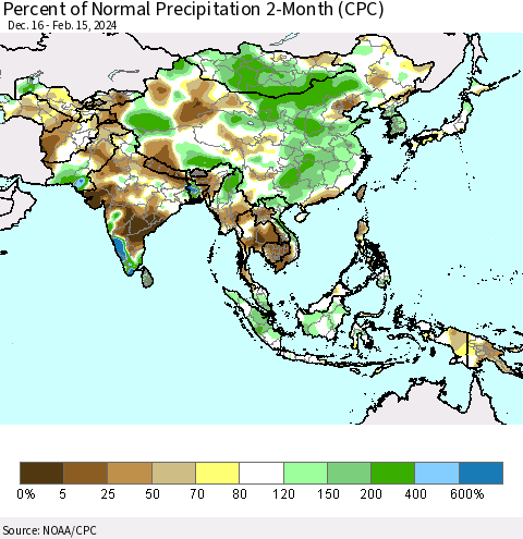 Asia Percent of Normal Precipitation 2-Month (CPC) Thematic Map For 12/16/2023 - 2/15/2024
