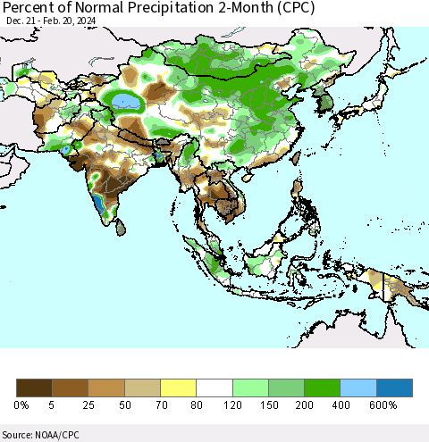 Asia Percent of Normal Precipitation 2-Month (CPC) Thematic Map For 12/21/2023 - 2/20/2024
