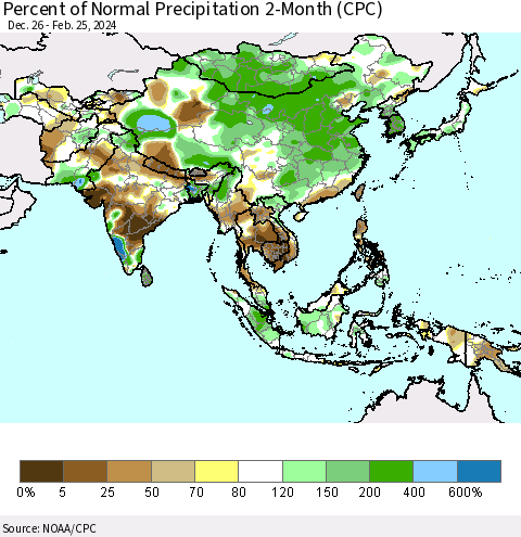 Asia Percent of Normal Precipitation 2-Month (CPC) Thematic Map For 12/26/2023 - 2/25/2024