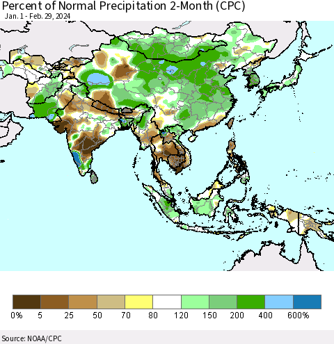 Asia Percent of Normal Precipitation 2-Month (CPC) Thematic Map For 1/1/2024 - 2/29/2024