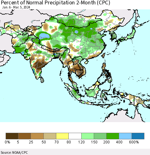 Asia Percent of Normal Precipitation 2-Month (CPC) Thematic Map For 1/6/2024 - 3/5/2024