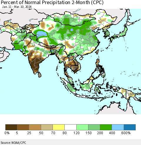 Asia Percent of Normal Precipitation 2-Month (CPC) Thematic Map For 1/11/2024 - 3/10/2024