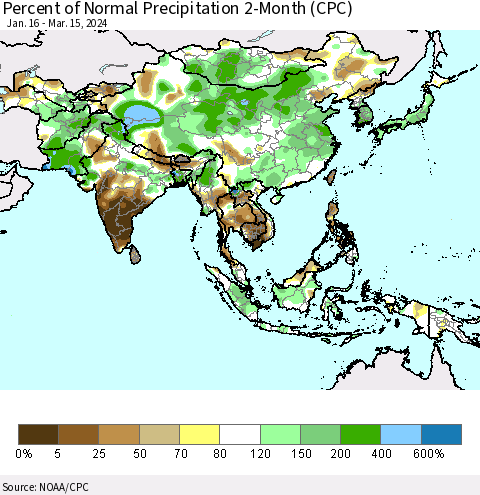 Asia Percent of Normal Precipitation 2-Month (CPC) Thematic Map For 1/16/2024 - 3/15/2024