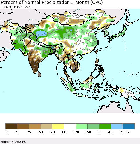 Asia Percent of Normal Precipitation 2-Month (CPC) Thematic Map For 1/21/2024 - 3/20/2024