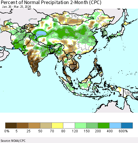 Asia Percent of Normal Precipitation 2-Month (CPC) Thematic Map For 1/26/2024 - 3/25/2024