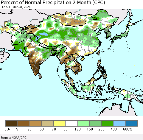 Asia Percent of Normal Precipitation 2-Month (CPC) Thematic Map For 2/1/2024 - 3/31/2024