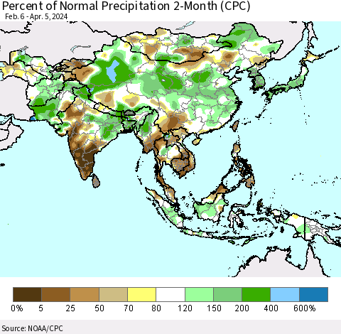 Asia Percent of Normal Precipitation 2-Month (CPC) Thematic Map For 2/6/2024 - 4/5/2024