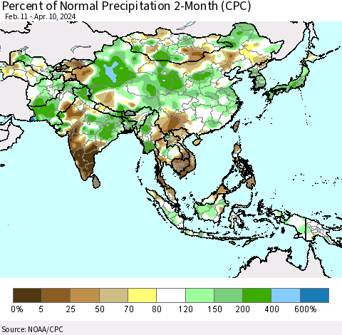 Asia Percent of Normal Precipitation 2-Month (CPC) Thematic Map For 2/11/2024 - 4/10/2024