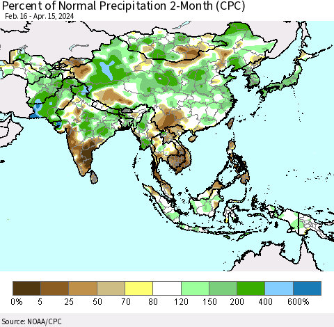 Asia Percent of Normal Precipitation 2-Month (CPC) Thematic Map For 2/16/2024 - 4/15/2024