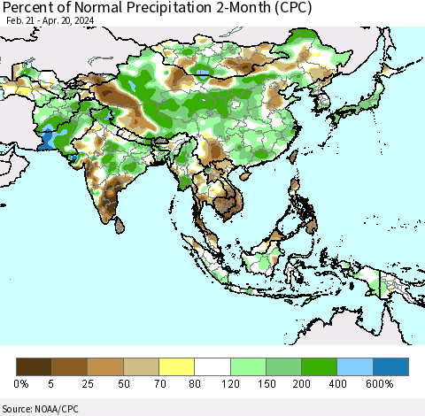 Asia Percent of Normal Precipitation 2-Month (CPC) Thematic Map For 2/21/2024 - 4/20/2024