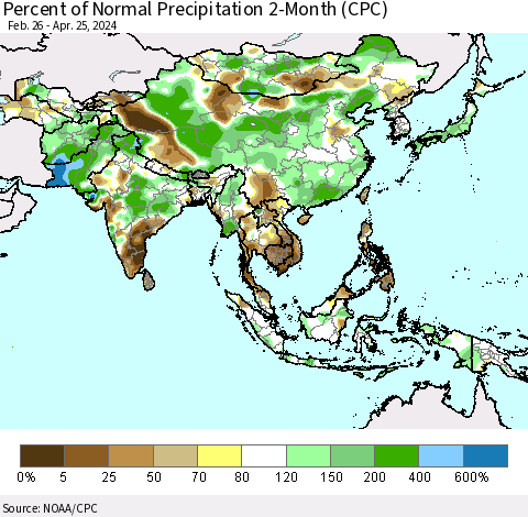 Asia Percent of Normal Precipitation 2-Month (CPC) Thematic Map For 2/26/2024 - 4/25/2024