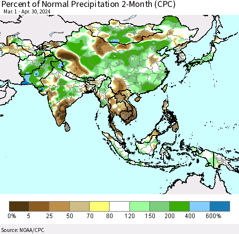 Asia Percent of Normal Precipitation 2-Month (CPC) Thematic Map For 3/1/2024 - 4/30/2024