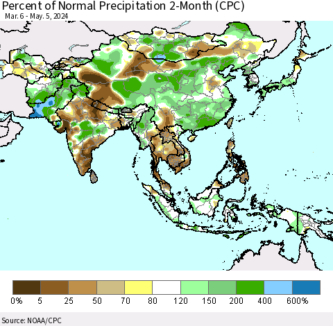 Asia Percent of Normal Precipitation 2-Month (CPC) Thematic Map For 3/6/2024 - 5/5/2024