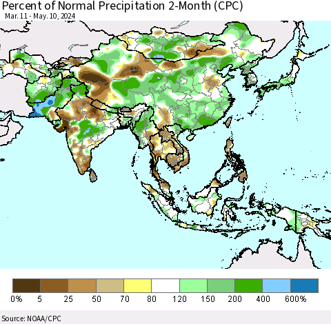 Asia Percent of Normal Precipitation 2-Month (CPC) Thematic Map For 3/11/2024 - 5/10/2024