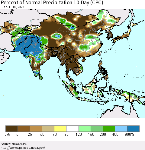 Asia Percent of Normal Precipitation 10-Day (CPC) Thematic Map For 1/1/2022 - 1/10/2022