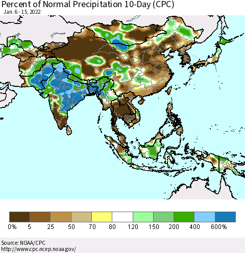 Asia Percent of Normal Precipitation 10-Day (CPC) Thematic Map For 1/6/2022 - 1/15/2022