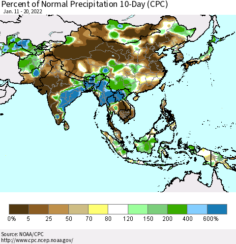 Asia Percent of Normal Precipitation 10-Day (CPC) Thematic Map For 1/11/2022 - 1/20/2022