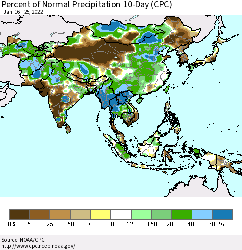 Asia Percent of Normal Precipitation 10-Day (CPC) Thematic Map For 1/16/2022 - 1/25/2022