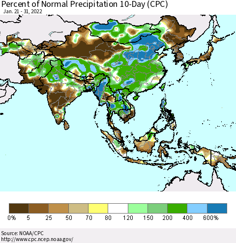 Asia Percent of Normal Precipitation 10-Day (CPC) Thematic Map For 1/21/2022 - 1/31/2022