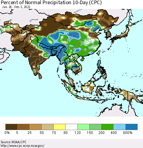 Asia Percent of Normal Precipitation 10-Day (CPC) Thematic Map For 1/26/2022 - 2/5/2022