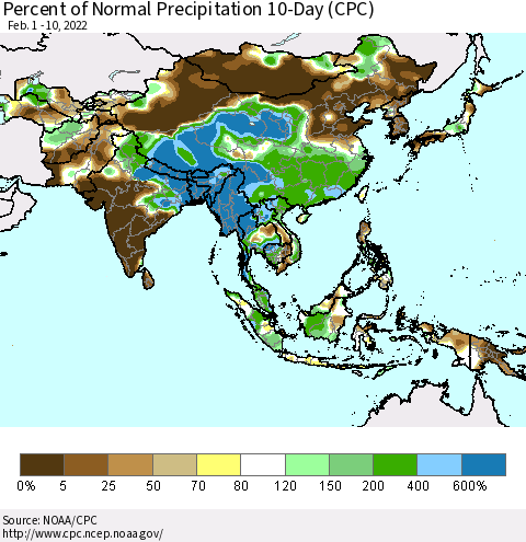 Asia Percent of Normal Precipitation 10-Day (CPC) Thematic Map For 2/1/2022 - 2/10/2022