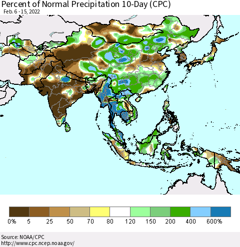 Asia Percent of Normal Precipitation 10-Day (CPC) Thematic Map For 2/6/2022 - 2/15/2022