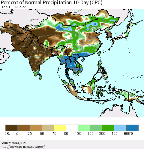 Asia Percent of Normal Precipitation 10-Day (CPC) Thematic Map For 2/11/2022 - 2/20/2022