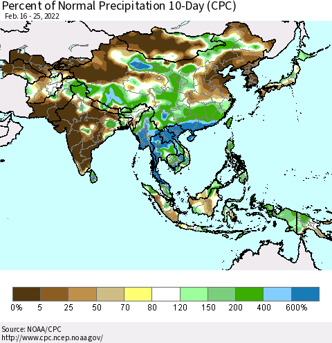 Asia Percent of Normal Precipitation 10-Day (CPC) Thematic Map For 2/16/2022 - 2/25/2022