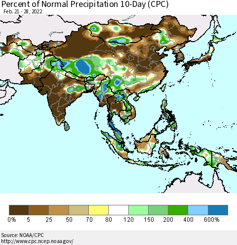 Asia Percent of Normal Precipitation 10-Day (CPC) Thematic Map For 2/21/2022 - 2/28/2022